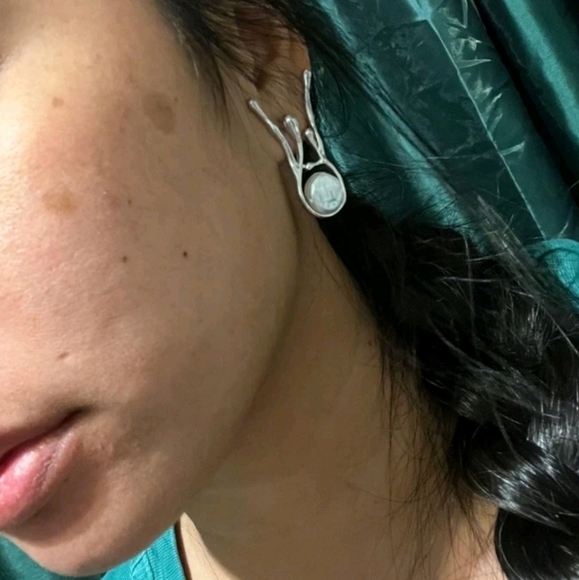 Silver Abstract statement earrings dangle Faux pearl metallic Modern 💖2/$30 - Picture 14 of 16